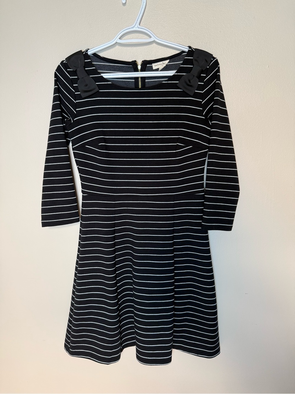 Maison Jules Black & White Striped Fit-and-Flare Dress with Shoulder Bows